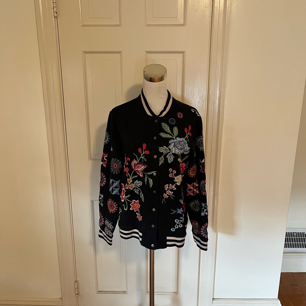NWT Johnny Was French Terry Bomber Jacket Nikkola Embroidered Small Defect $295